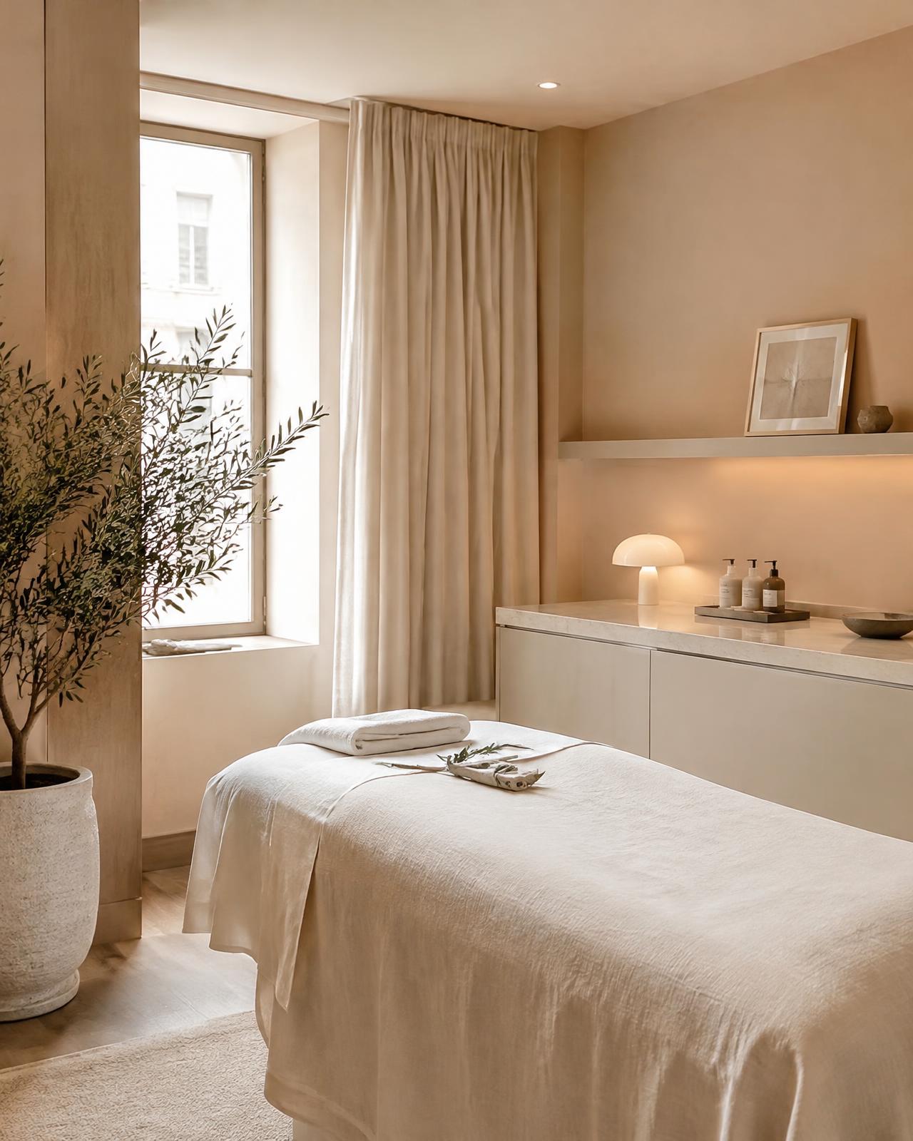 Calm treatment room with linen bed and olive tree